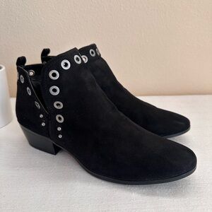 Circus Black Microsuede Metal Cutouts Heeled Ankle Booties Women’s 9.5